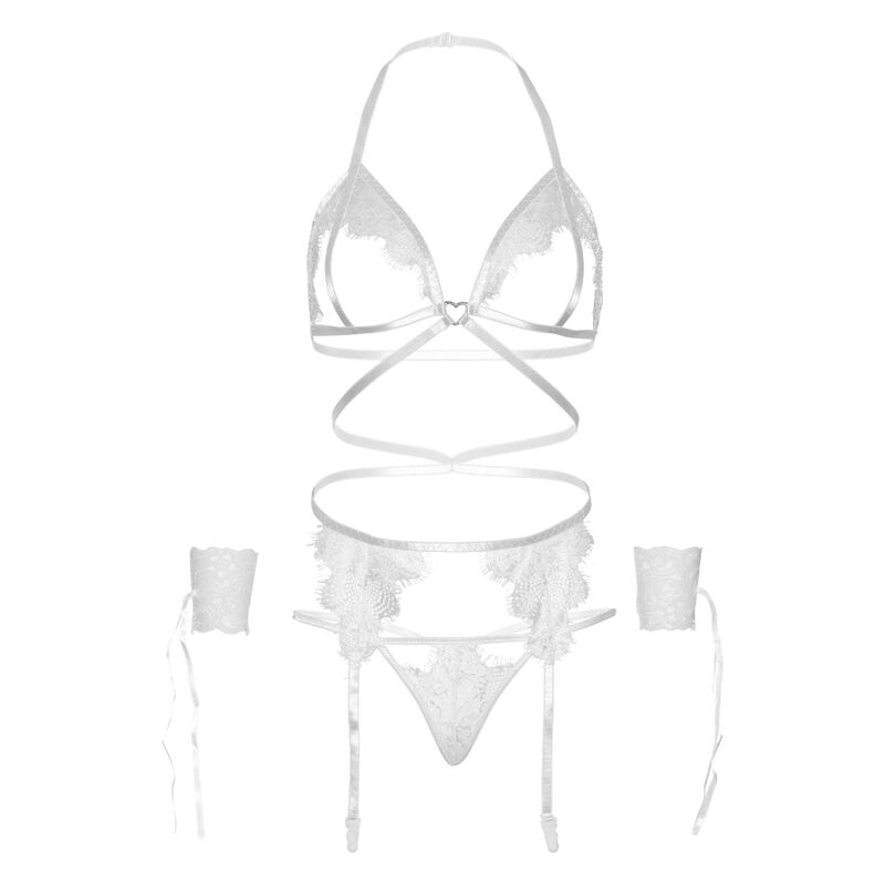 LEG AVENUE SET CUATRO PIEZAS SUJETADOR, LIGUERO, TANGA Y PUÑOS TALLA UNICA - NEGRO - Imagen 5