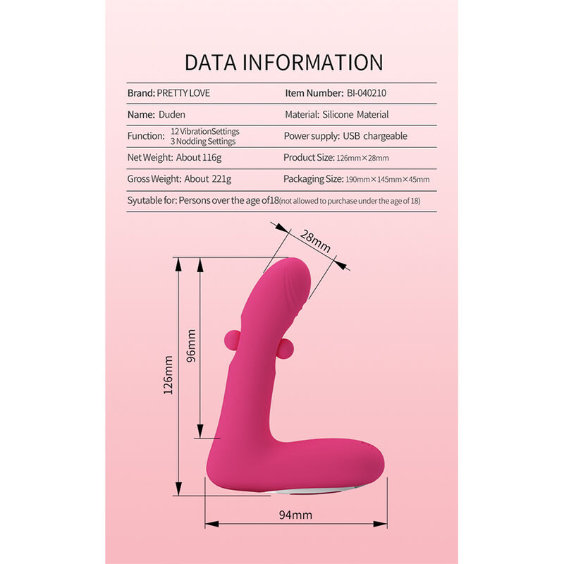 PRETTY LOVE - DUDEN VIBRADOR DE SILICONA RECARGABLE 12 MODOS DE VIBRACIÓN Y 3 MODOS DE BALANCEO ROSA - Imagen 14